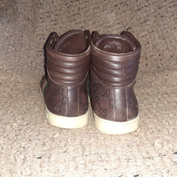 GUCCI-GG High Top 'Guccisima'-Brown Leather Hi-Top Sneakers-Sz 8.5-Excellent - Picture 6 of 11